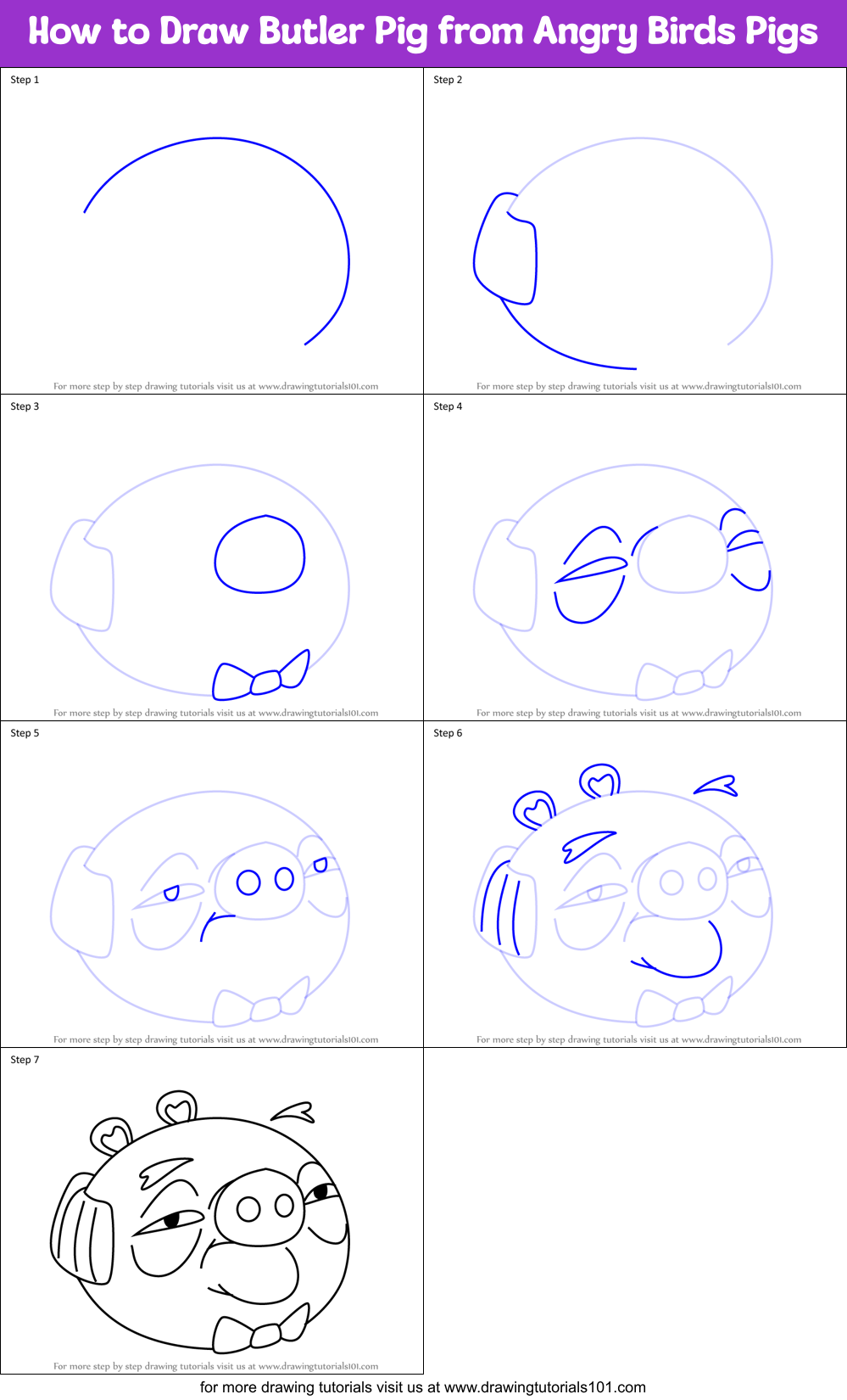 How to Draw Butler Pig from Angry Birds Pigs Printable Step by Step