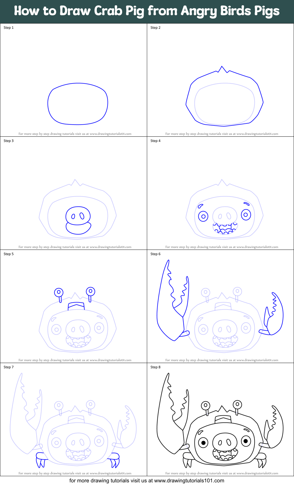 How to Draw Crab Pig from Angry Birds Pigs Printable Step by Step