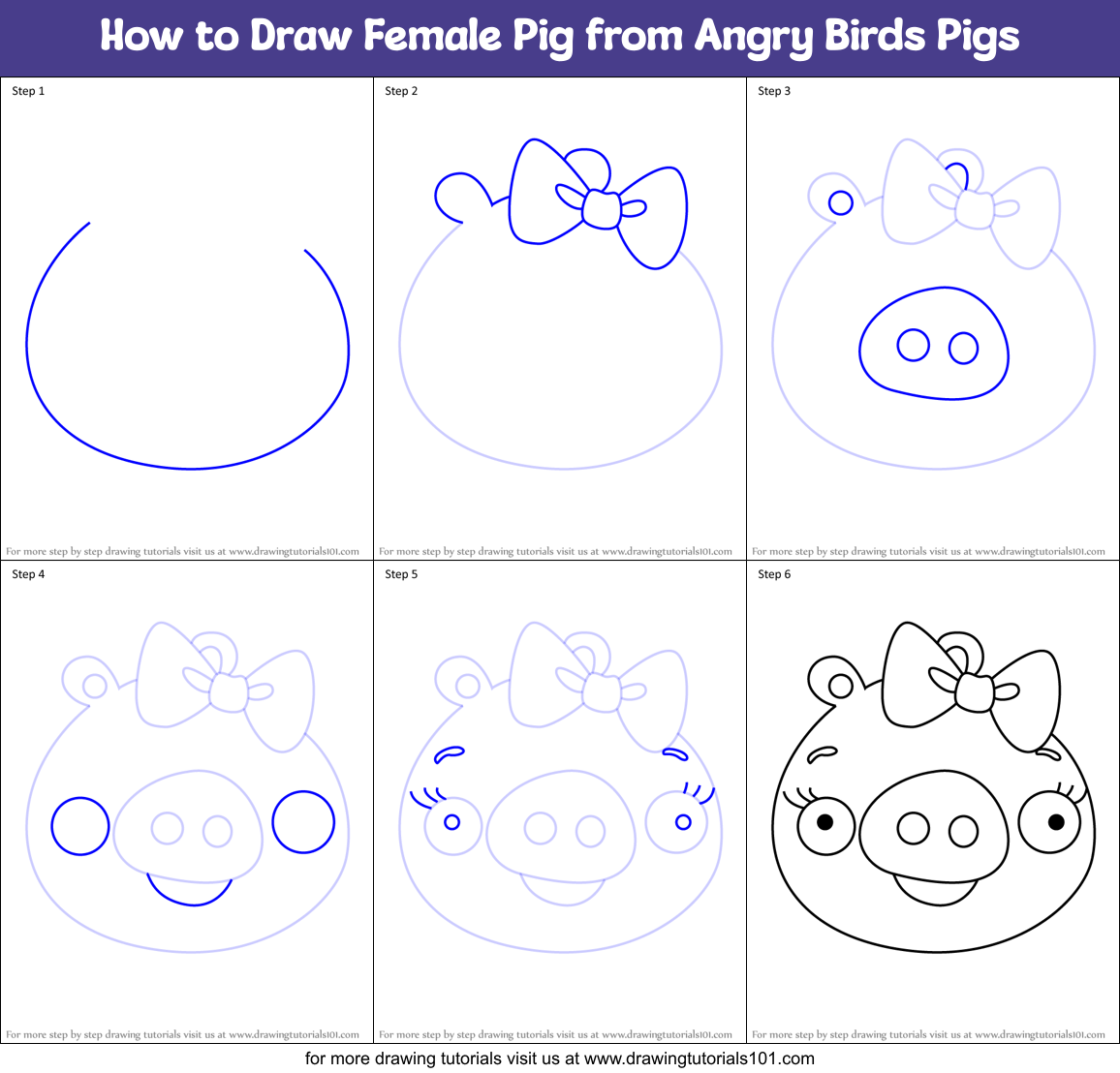 How to Draw Female Pig from Angry Birds Pigs Printable Step by Step