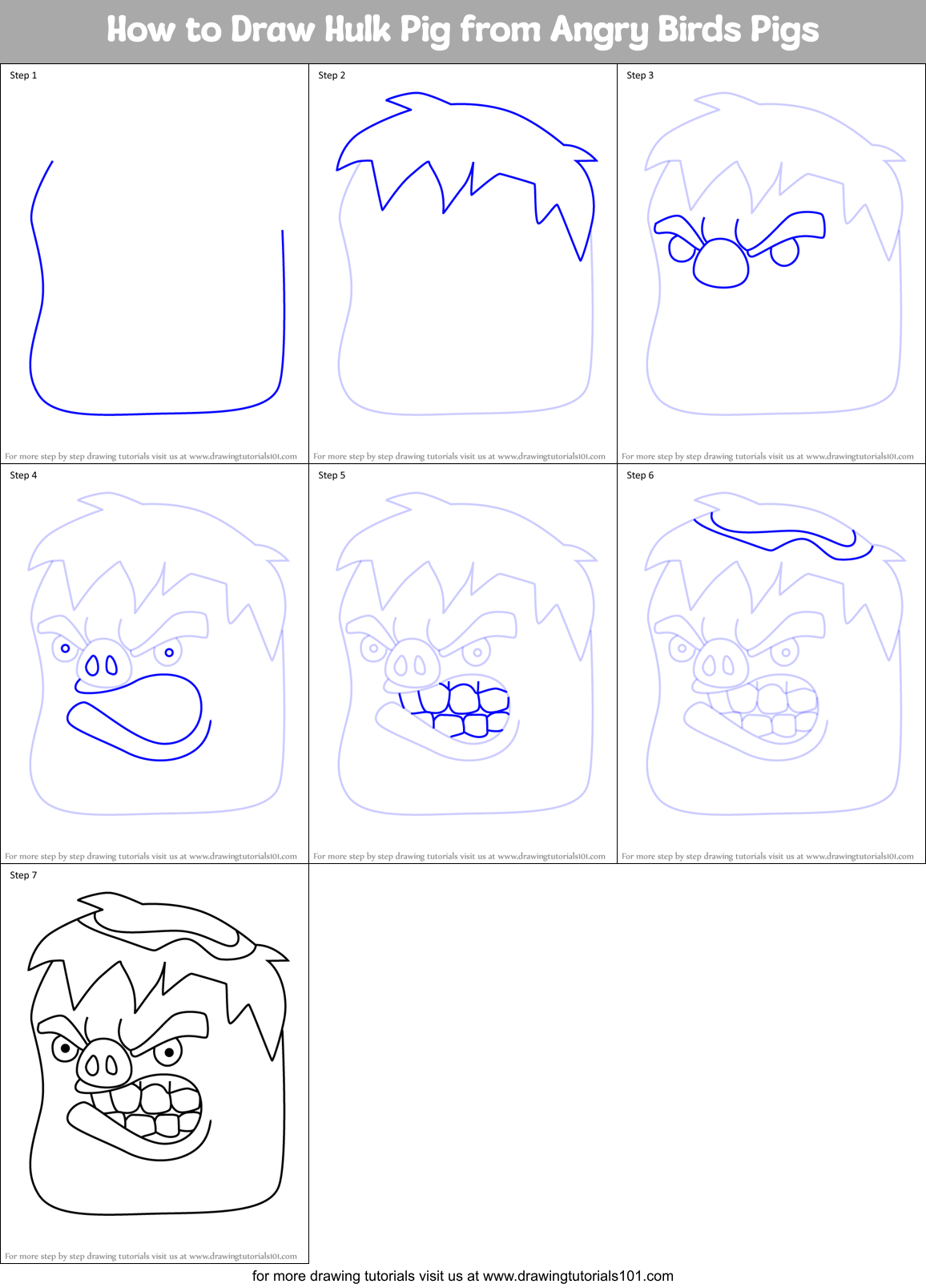 How to Draw Hulk Pig from Angry Birds Pigs Printable Step by Step