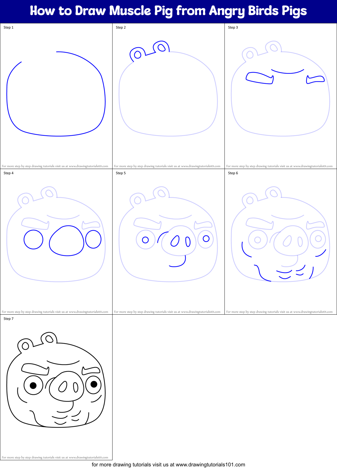 How to Draw Muscle Pig from Angry Birds Pigs Printable Step by Step