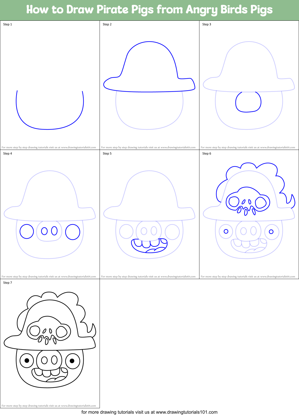 How to Draw Pirate Pigs from Angry Birds Pigs Printable Step by Step