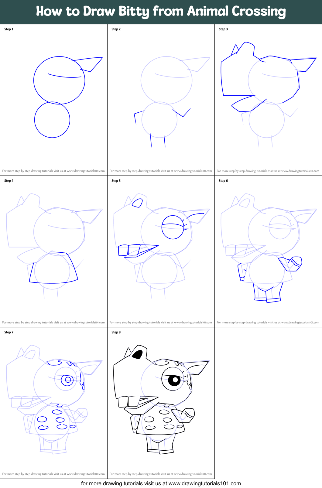 How to Draw Bitty from Animal Crossing Printable Step by Step