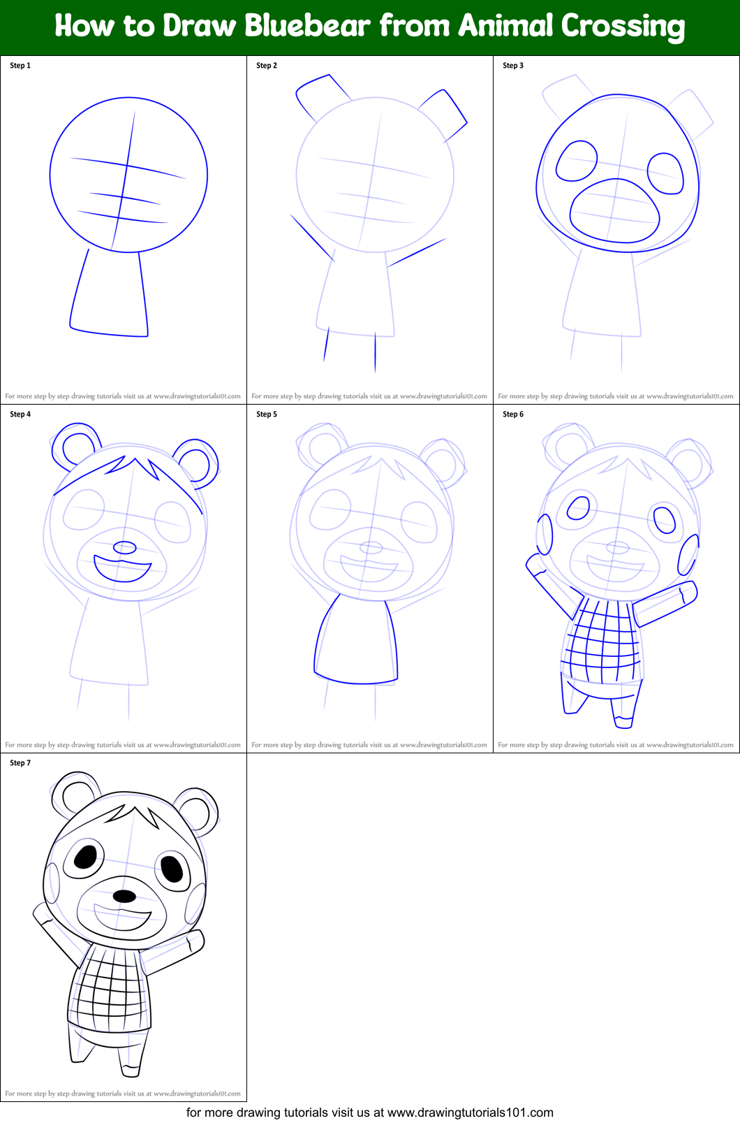 How to Draw Bluebear from Animal Crossing Printable Step by Step