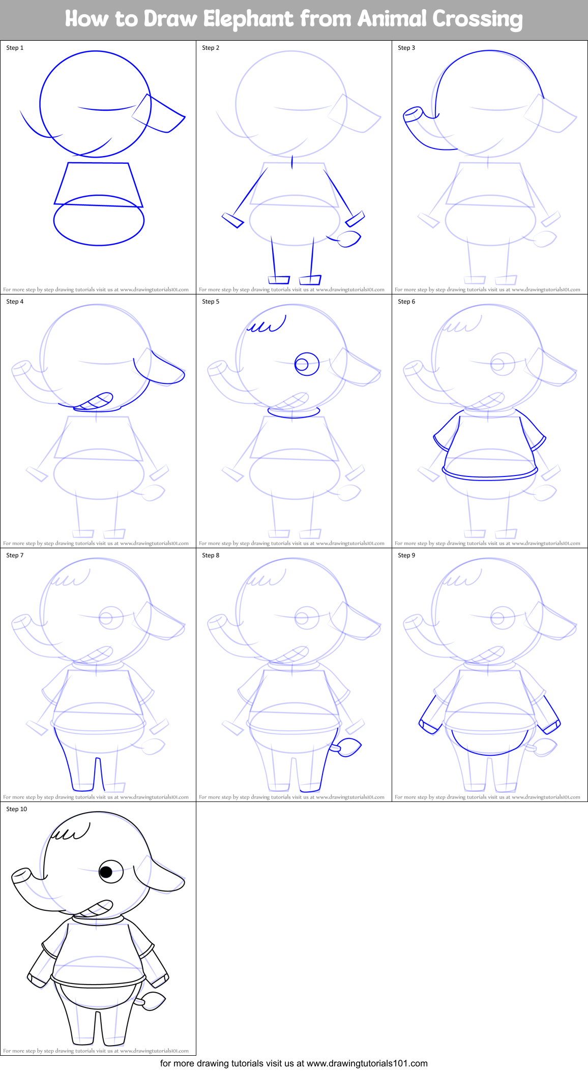How to Draw Elephant from Animal Crossing Printable Step by Step