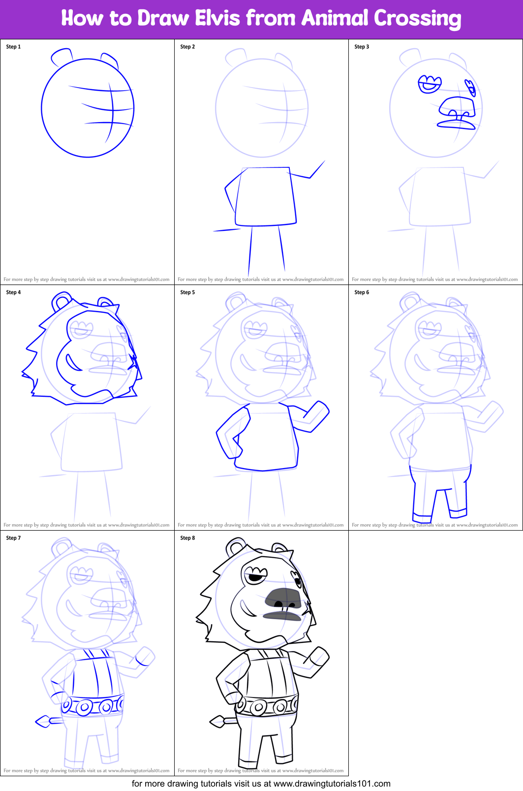 How to Draw Elvis from Animal Crossing Printable Step by Step