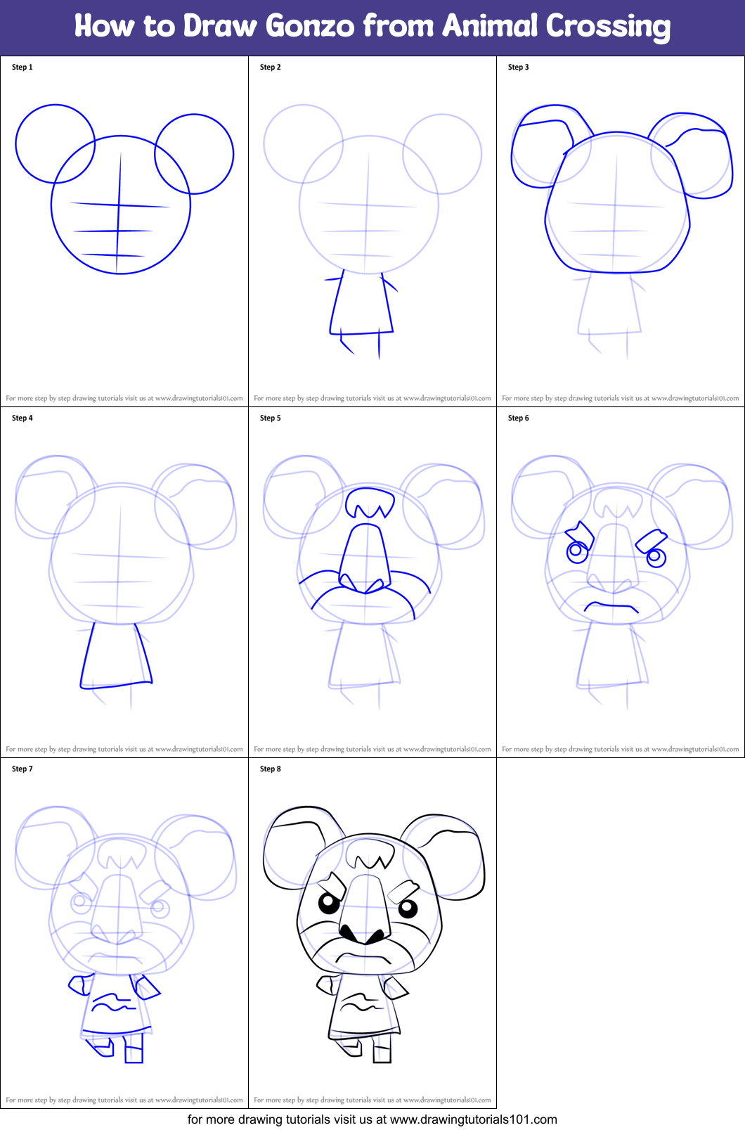 How to Draw Gonzo from Animal Crossing Printable Step by Step