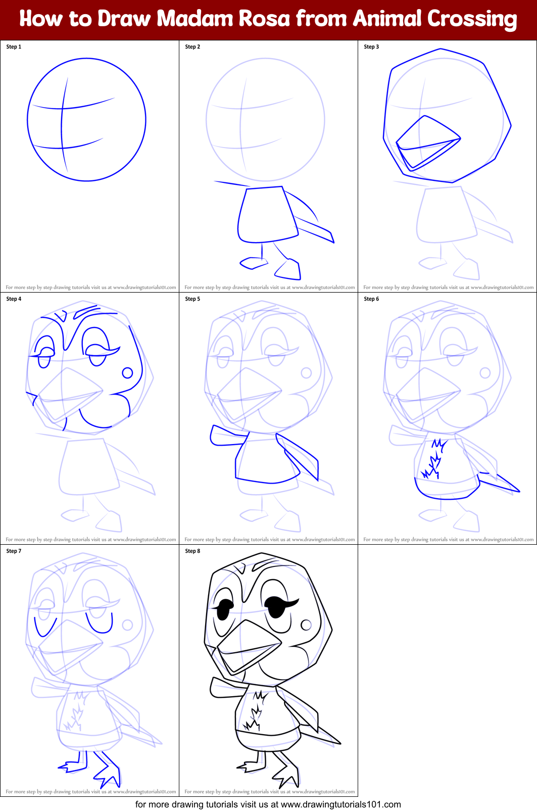 How to Draw Madam Rosa from Animal Crossing Printable Step by Step