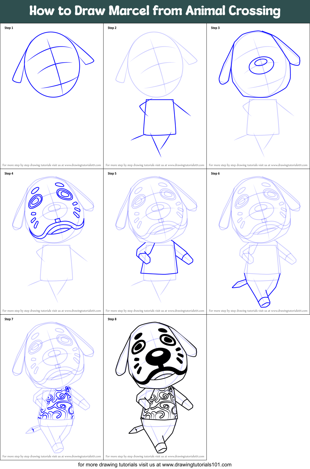 How to Draw Marcel from Animal Crossing Printable Step by Step