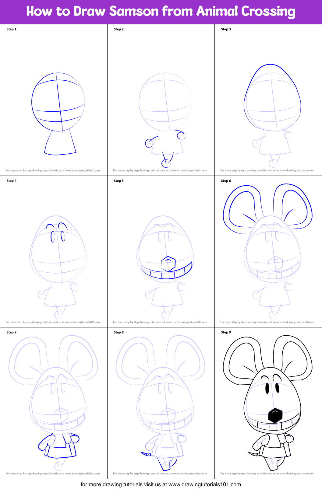 How to Draw Samson from Animal Crossing printable step by step drawing  sheet : 