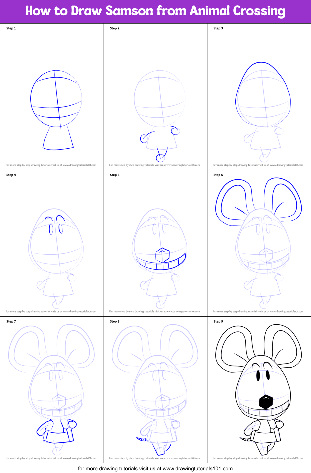 How to Draw Samson from Animal Crossing Printable Step by Step