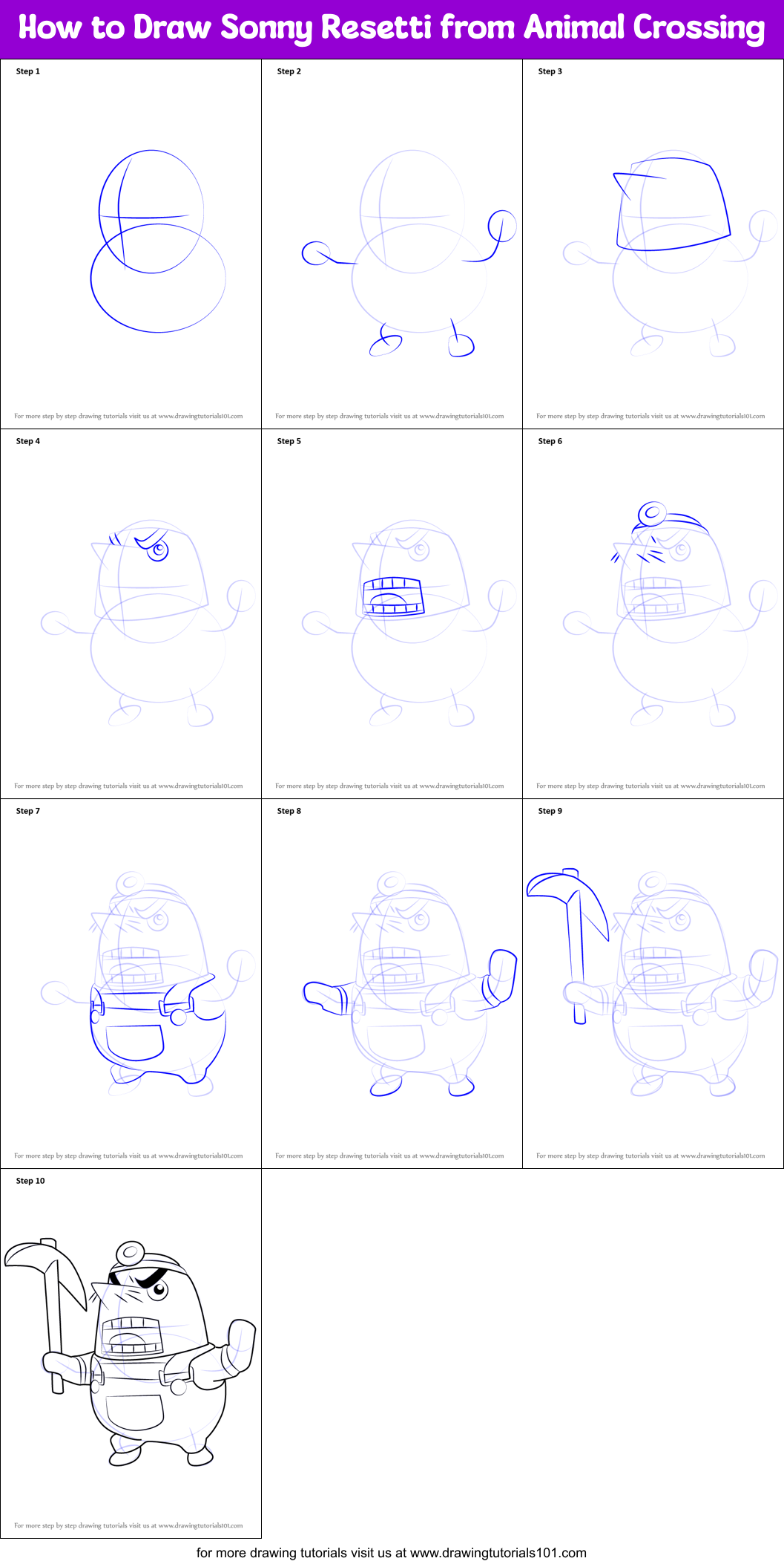 How to Draw Sonny Resetti from Animal Crossing Printable Step by Step