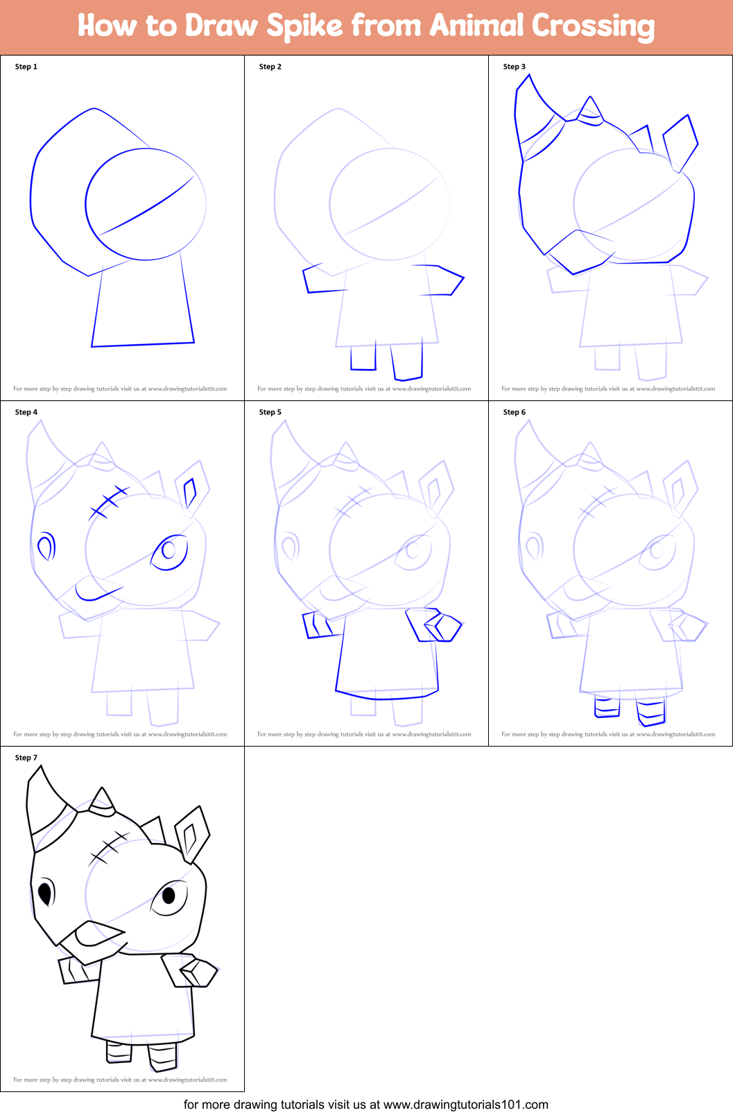How to Draw Spike from Animal Crossing Printable Step by Step