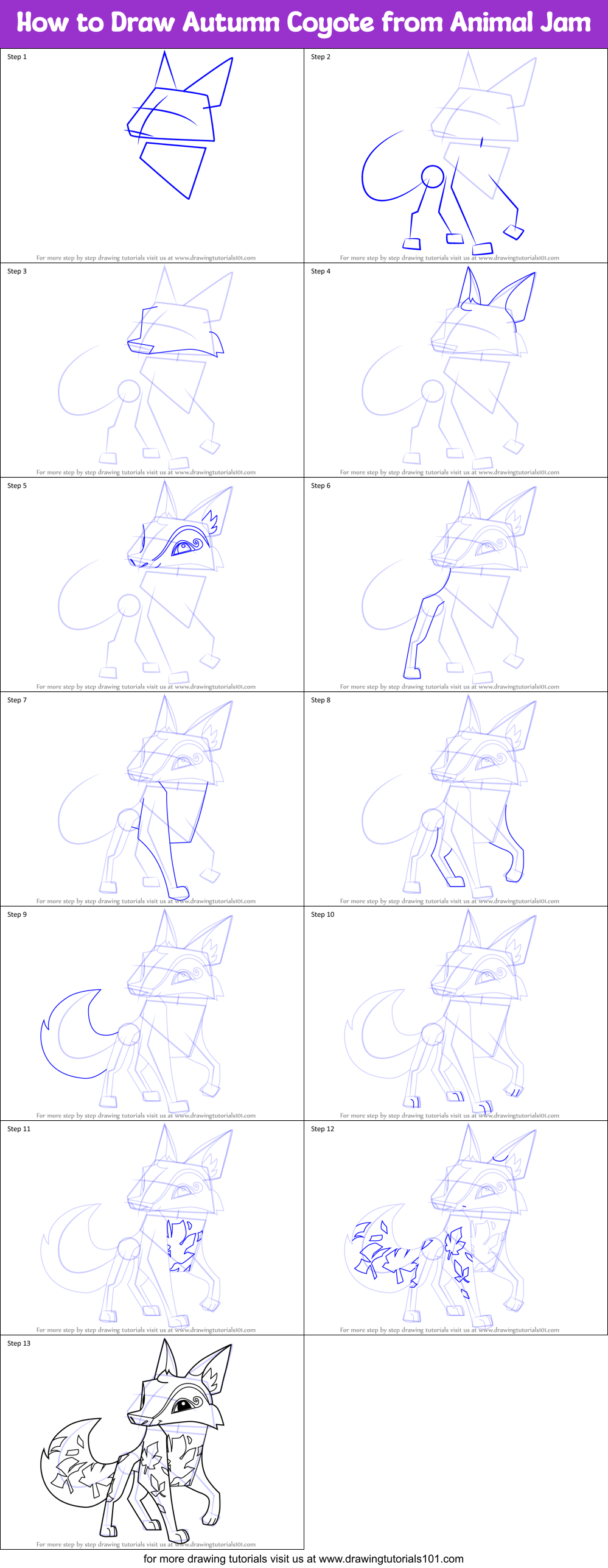 How to Draw Autumn Coyote from Animal Jam Printable Step by Step