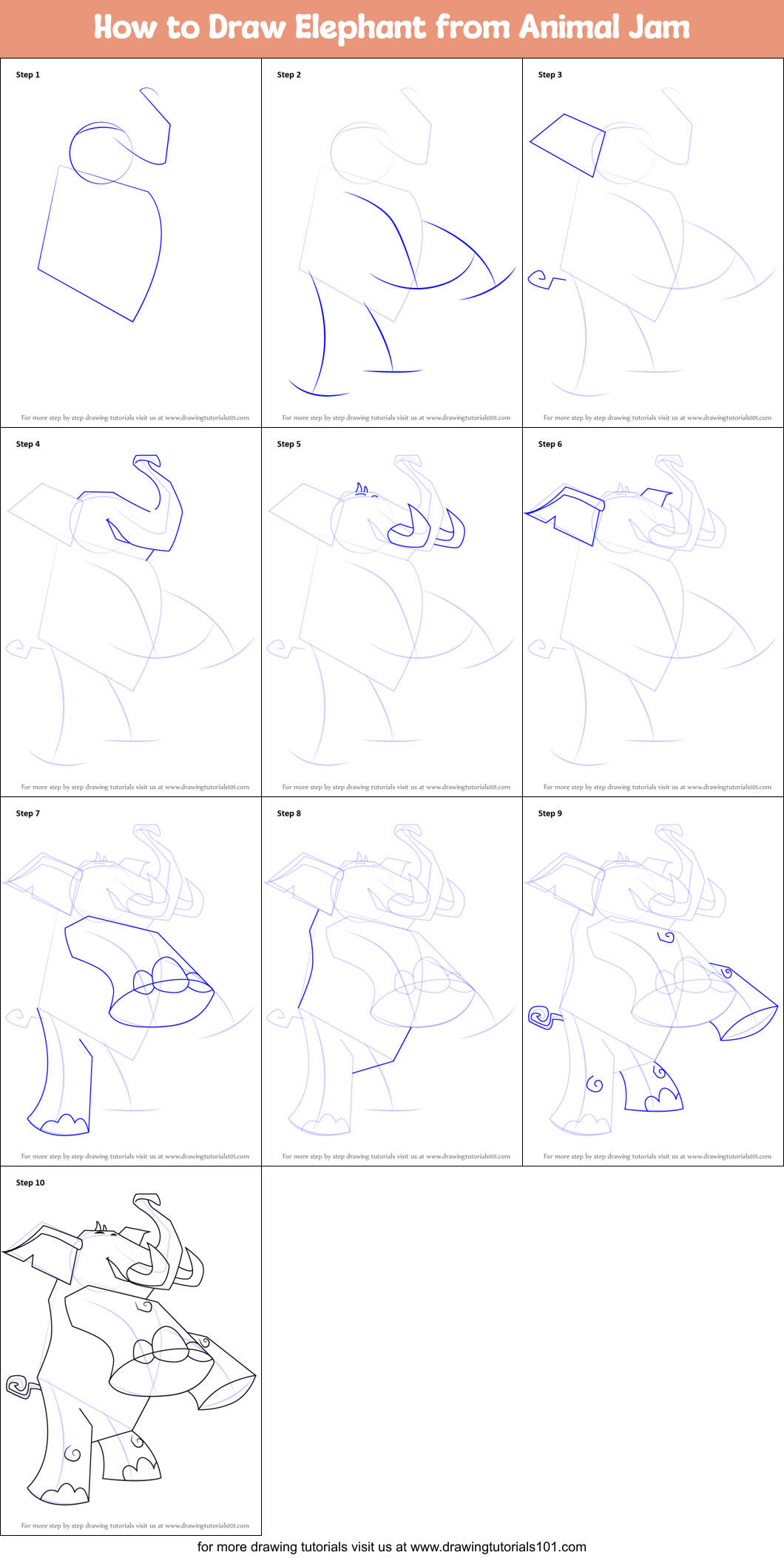 How to Draw Elephant from Animal Jam Printable Step by Step