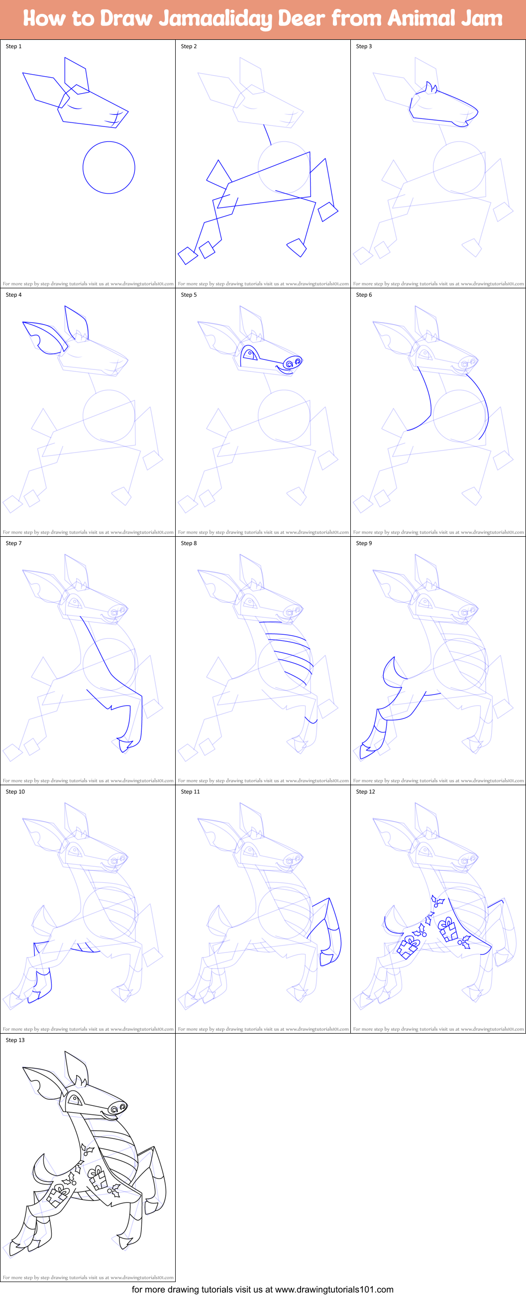 How to Draw Jamaaliday Deer from Animal Jam Printable Step by Step