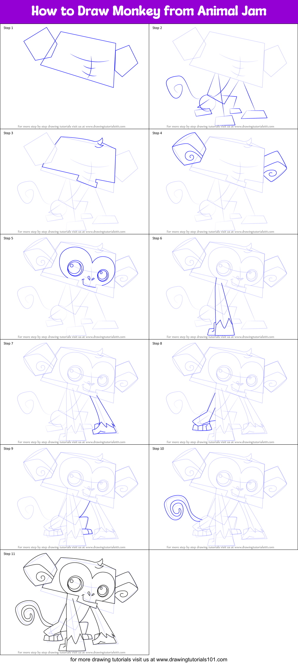 How to Draw Monkey from Animal Jam Printable Step by Step