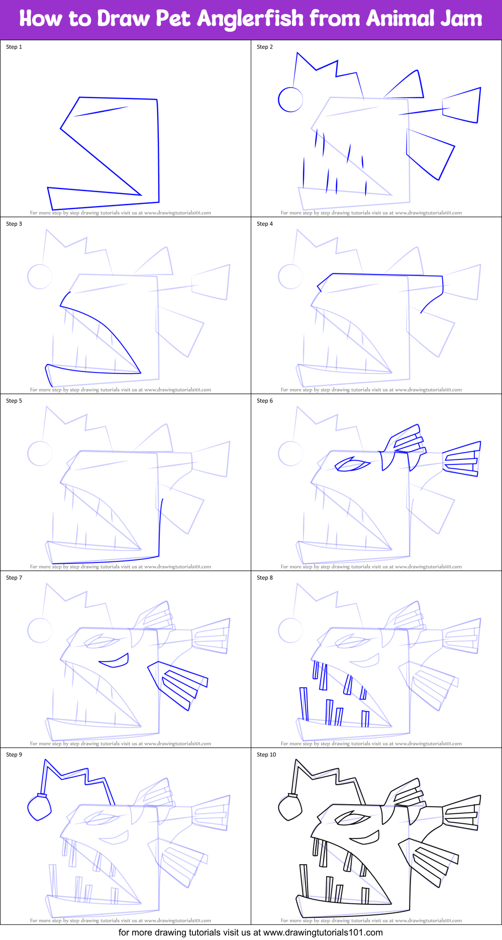 How to Draw Pet Anglerfish from Animal Jam Printable Step by Step