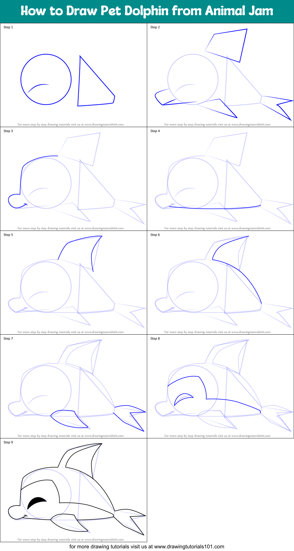 How to Draw Pet Dolphin from Animal Jam Printable Step by Step