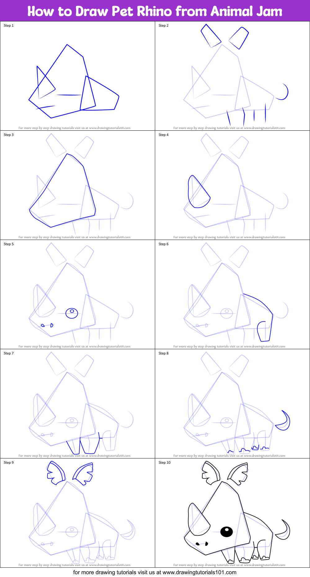 How to Draw Pet Rhino from Animal Jam Printable Step by Step