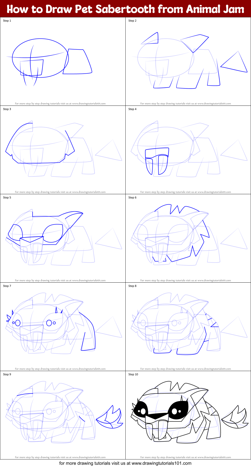 How to Draw Pet Sabertooth from Animal Jam Printable Step by Step