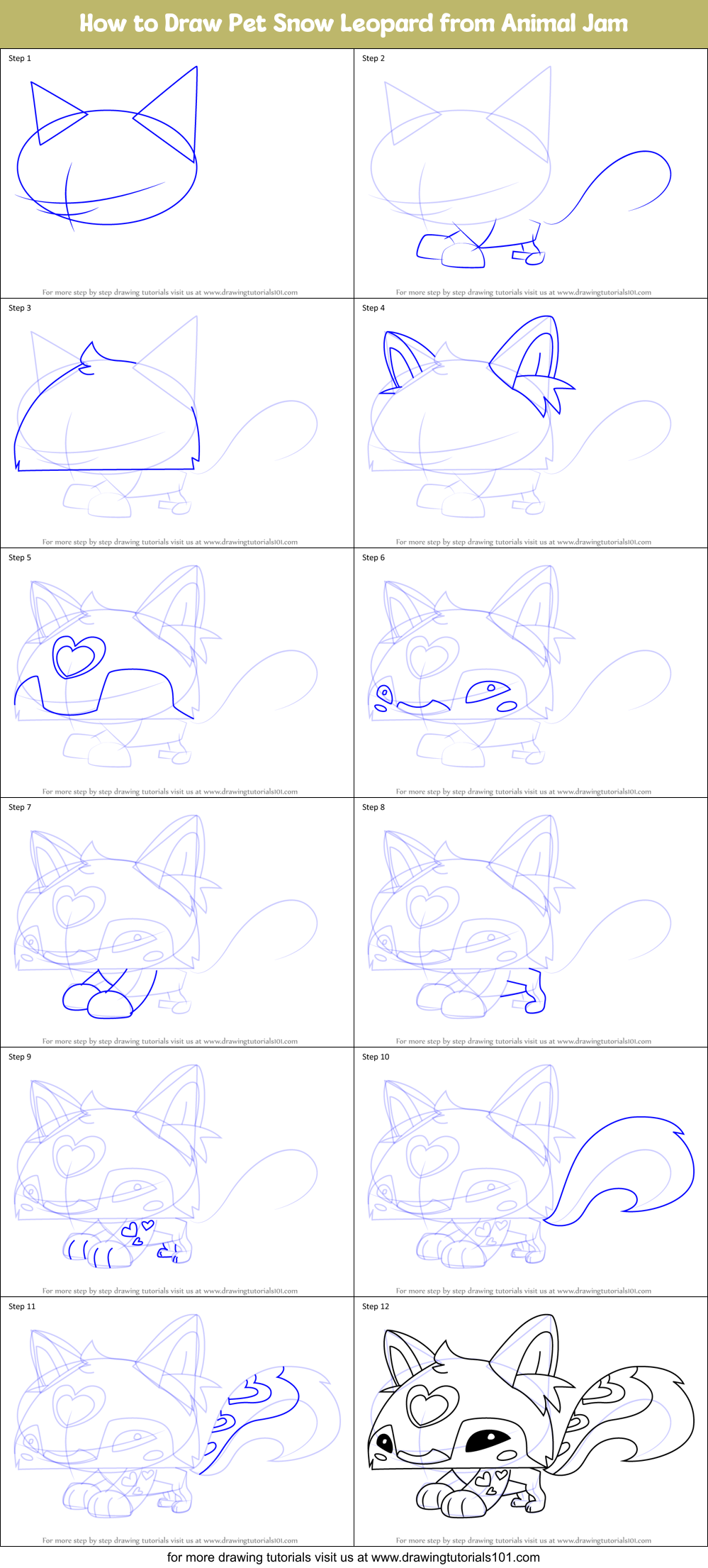 How to Draw Pet Snow Leopard from Animal Jam Printable Step by Step