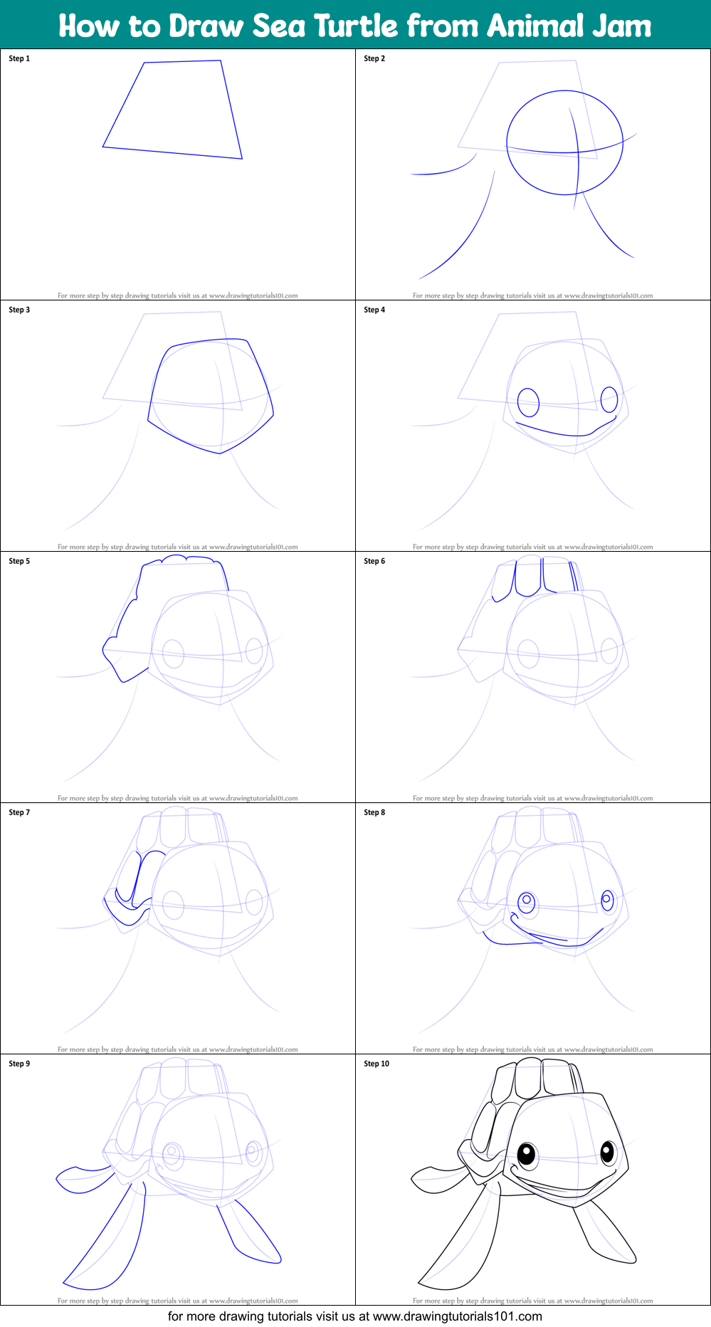 How to Draw Sea Turtle from Animal Jam Printable Step by Step