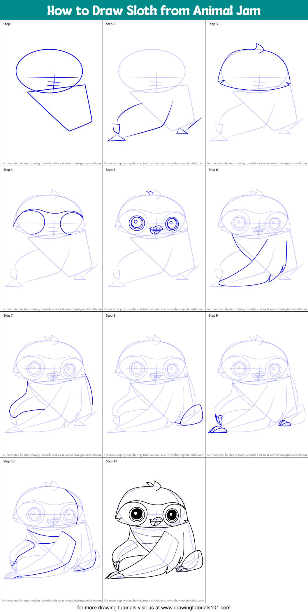 How to Draw Sloth from Animal Jam Printable Step by Step