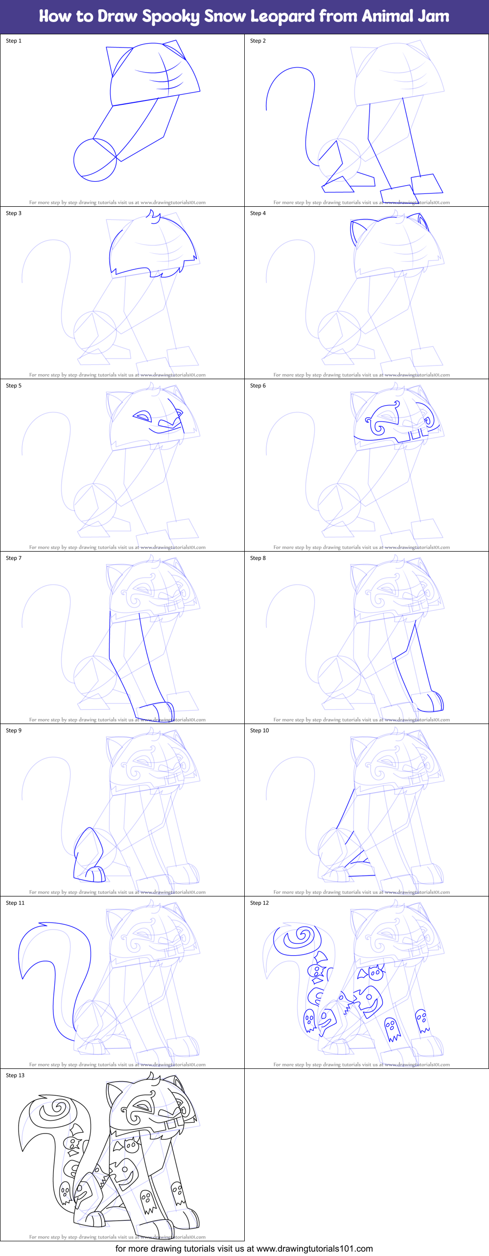 How to Draw Spooky Snow Leopard from Animal Jam Printable Step by Step