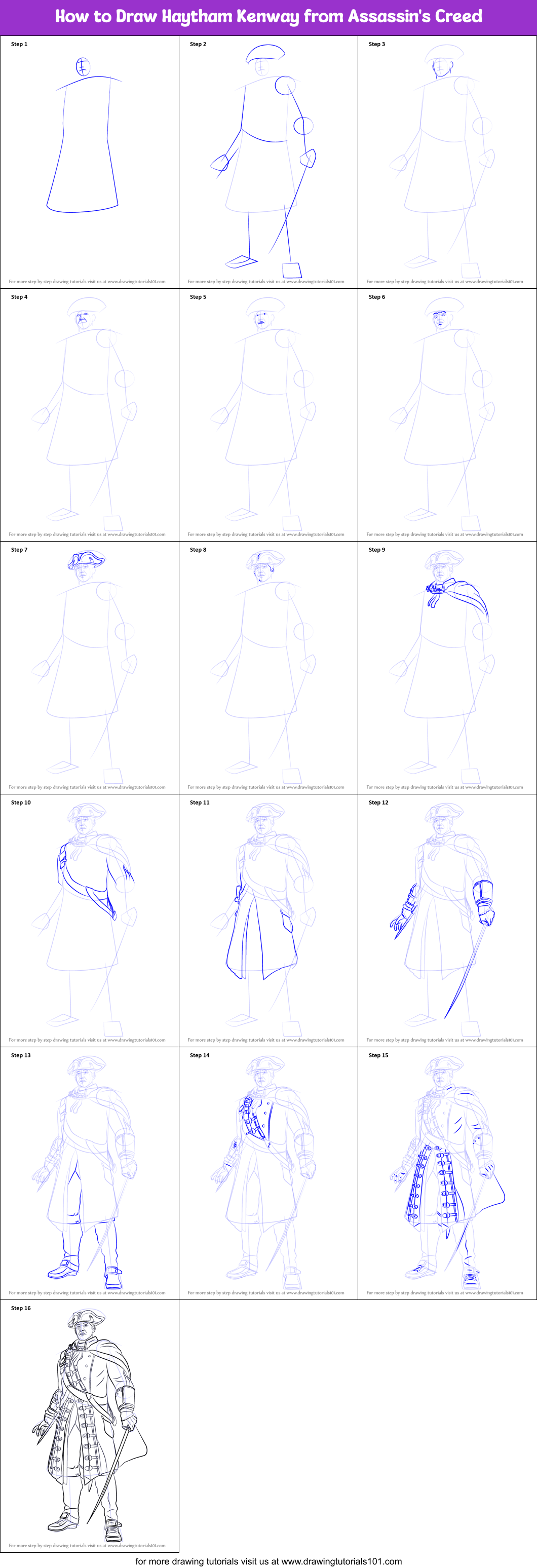 How to Draw Haytham Kenway from Assassin's Creed Printable Step by Step