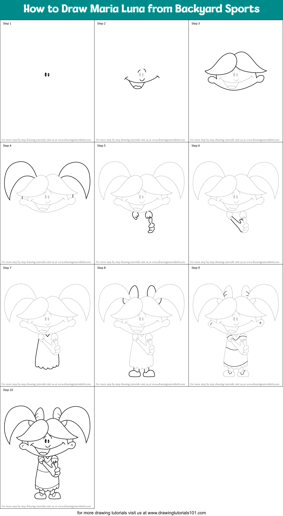 How to Draw Maria Luna from Backyard Sports Printable Step by Step