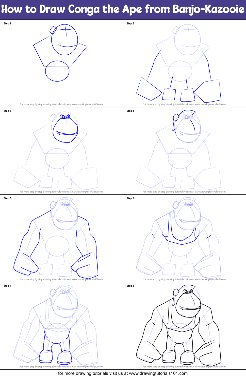 How to Draw Conga the Ape from Banjo-Kazooie Printable Step by Step