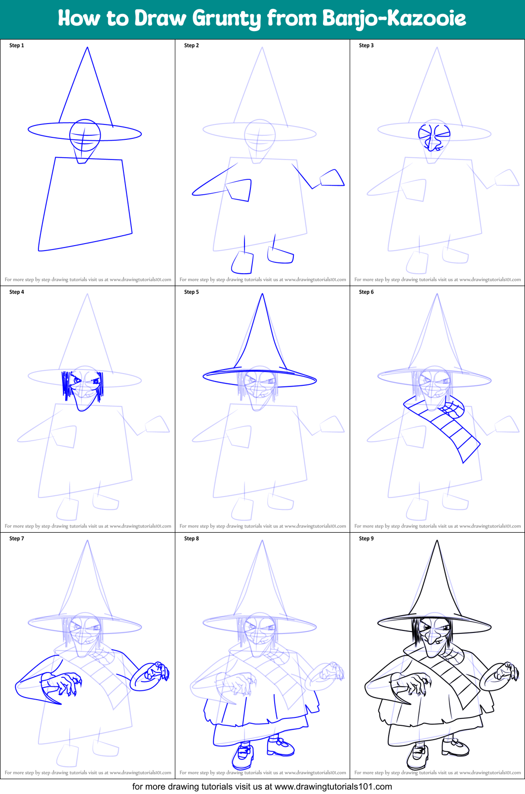 How to Draw Grunty from Banjo-Kazooie Printable Step by Step