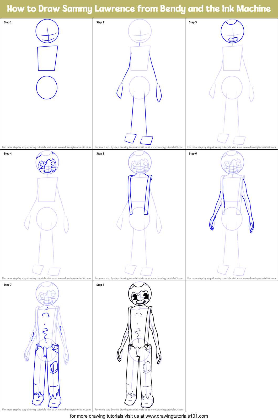 How to Draw Sammy Lawrence from Bendy and the Ink Machine Printable Step by Step