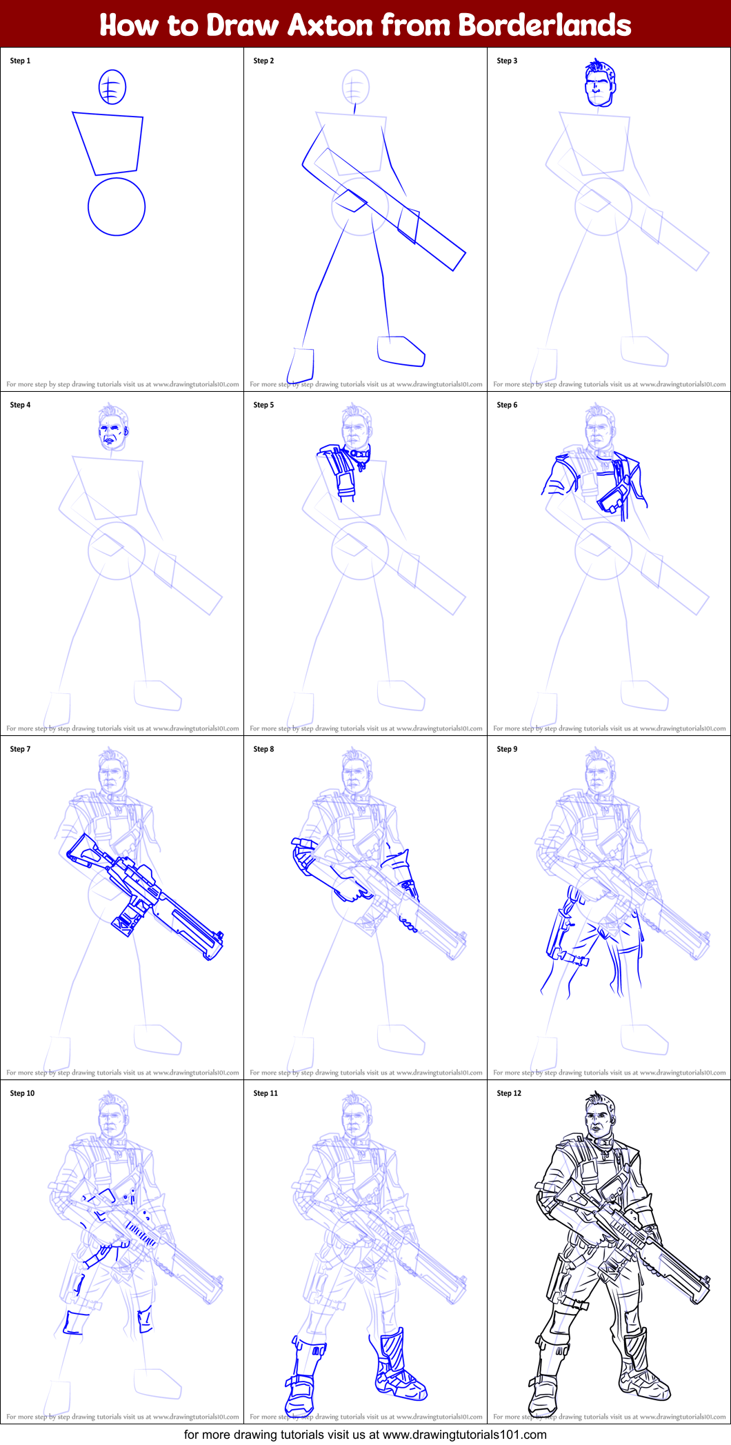 How to Draw Axton from Borderlands Printable Step by Step