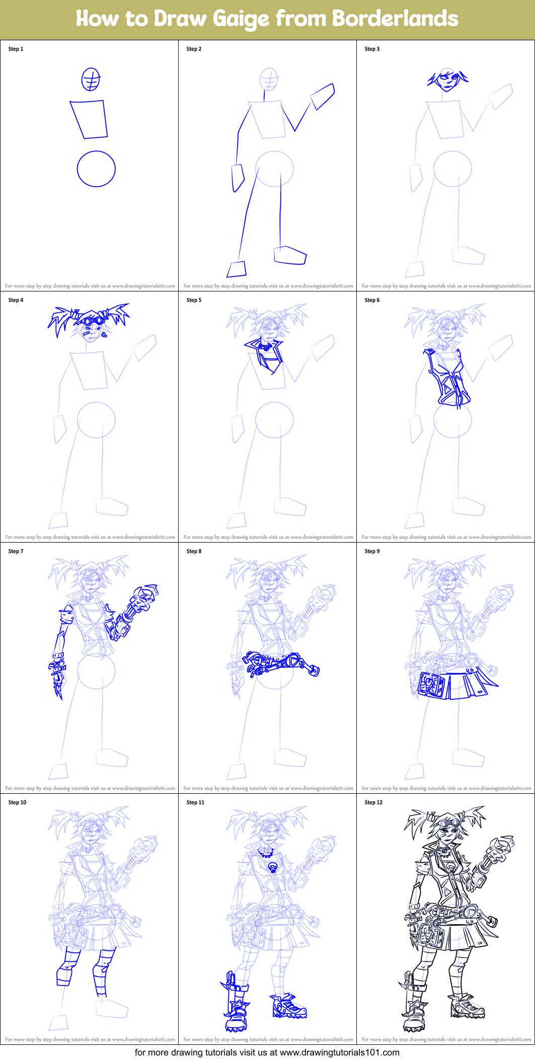 How to Draw Gaige from Borderlands Printable Step by Step