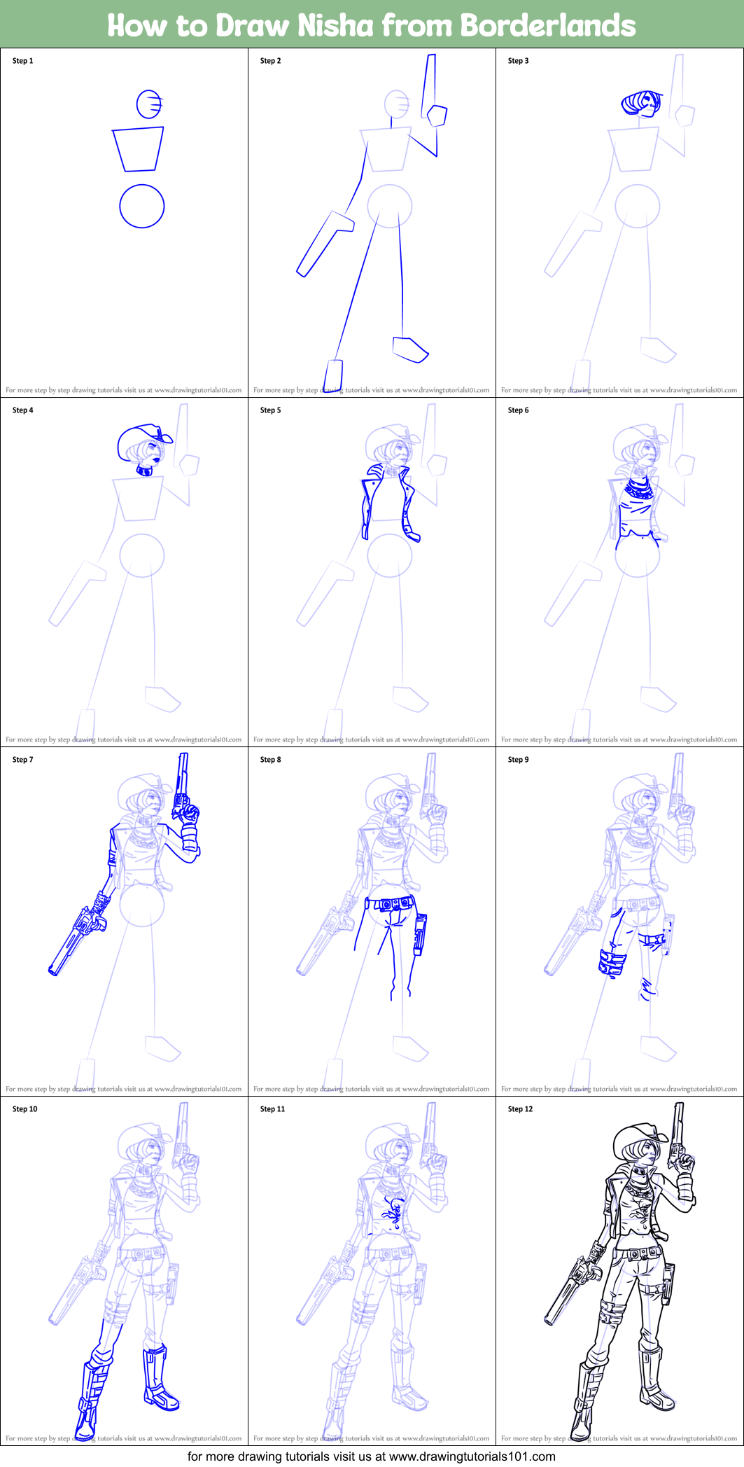 How to Draw Nisha from Borderlands Printable Step by Step