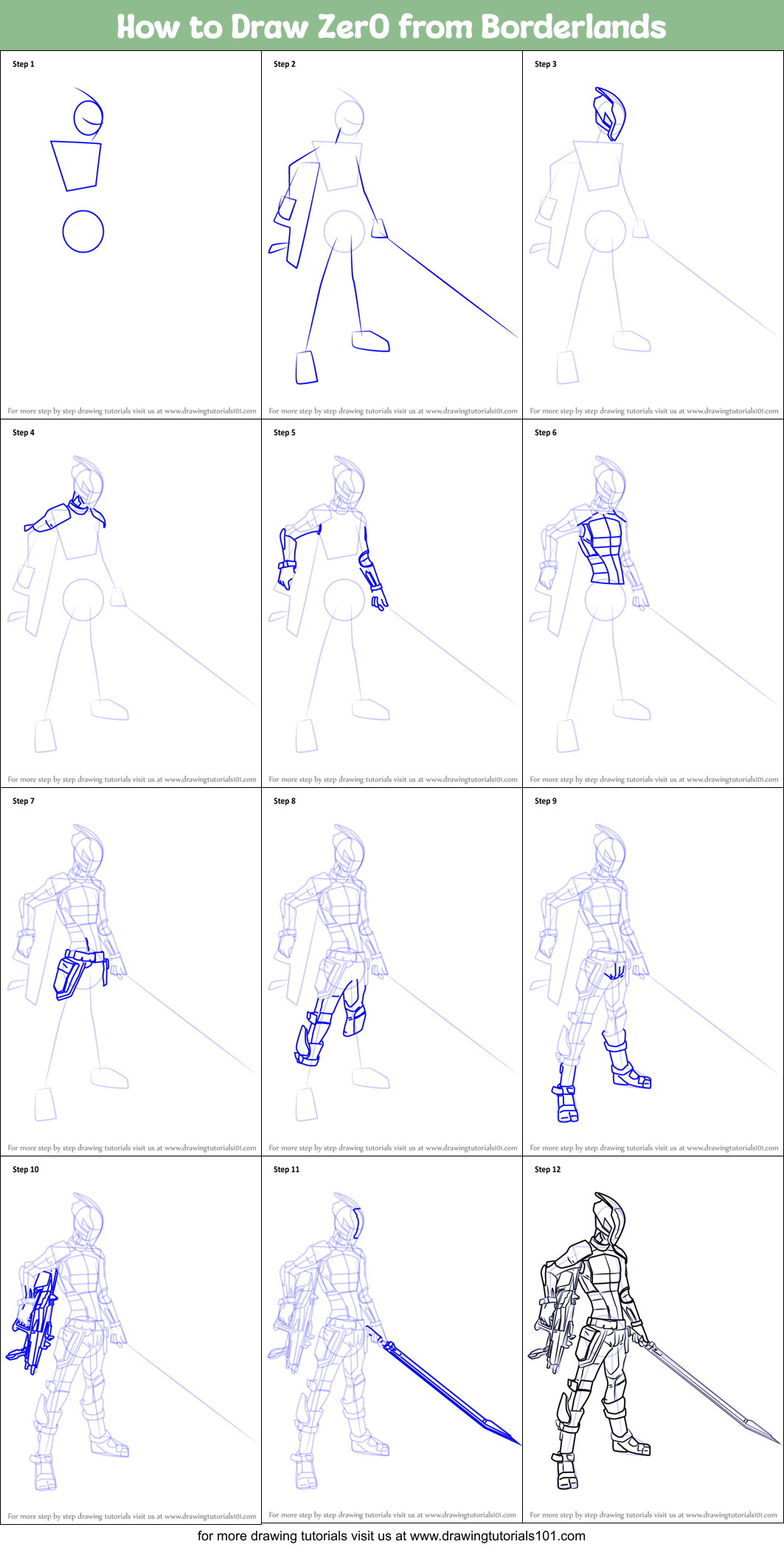 How to Draw Zer0 from Borderlands Printable Step by Step
