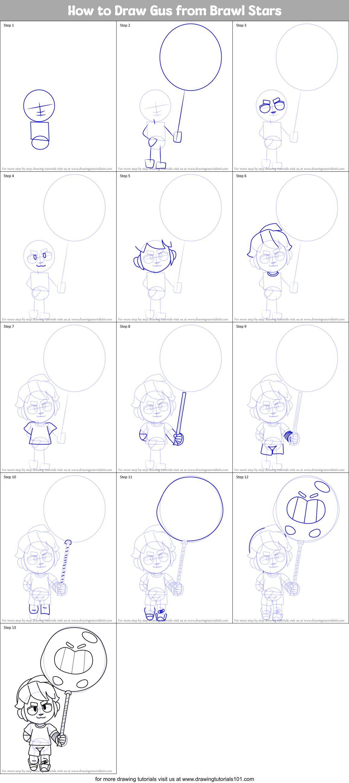 How to Draw Gus from Brawl Stars Printable Step by Step