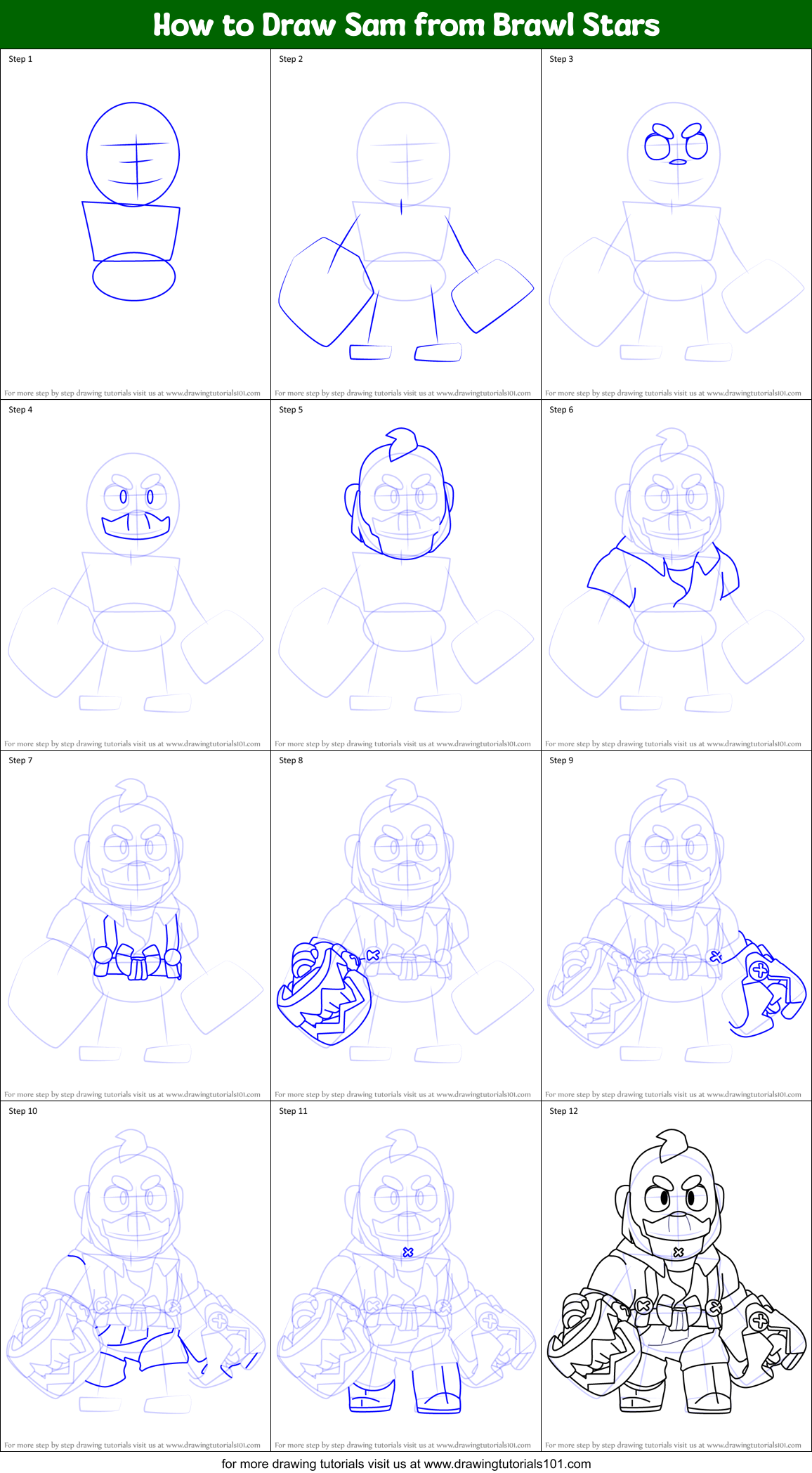How to Draw Sam from Brawl Stars Printable Step by Step