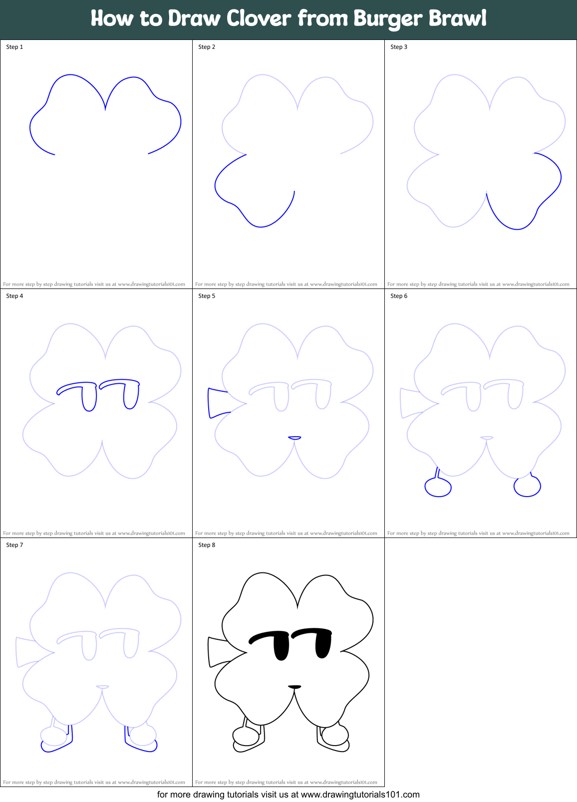 How to Draw Clover from Burger Brawl Printable Step by Step
