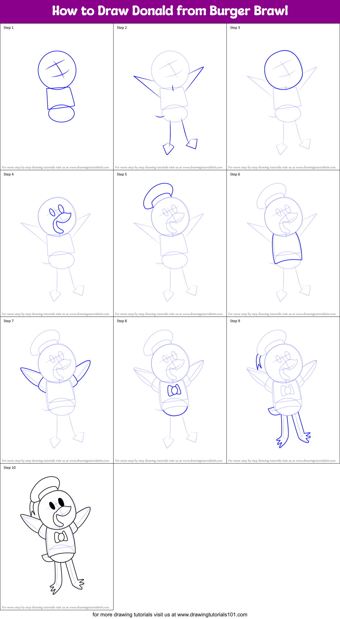 How to Draw Donald from Burger Brawl Printable Step by Step
