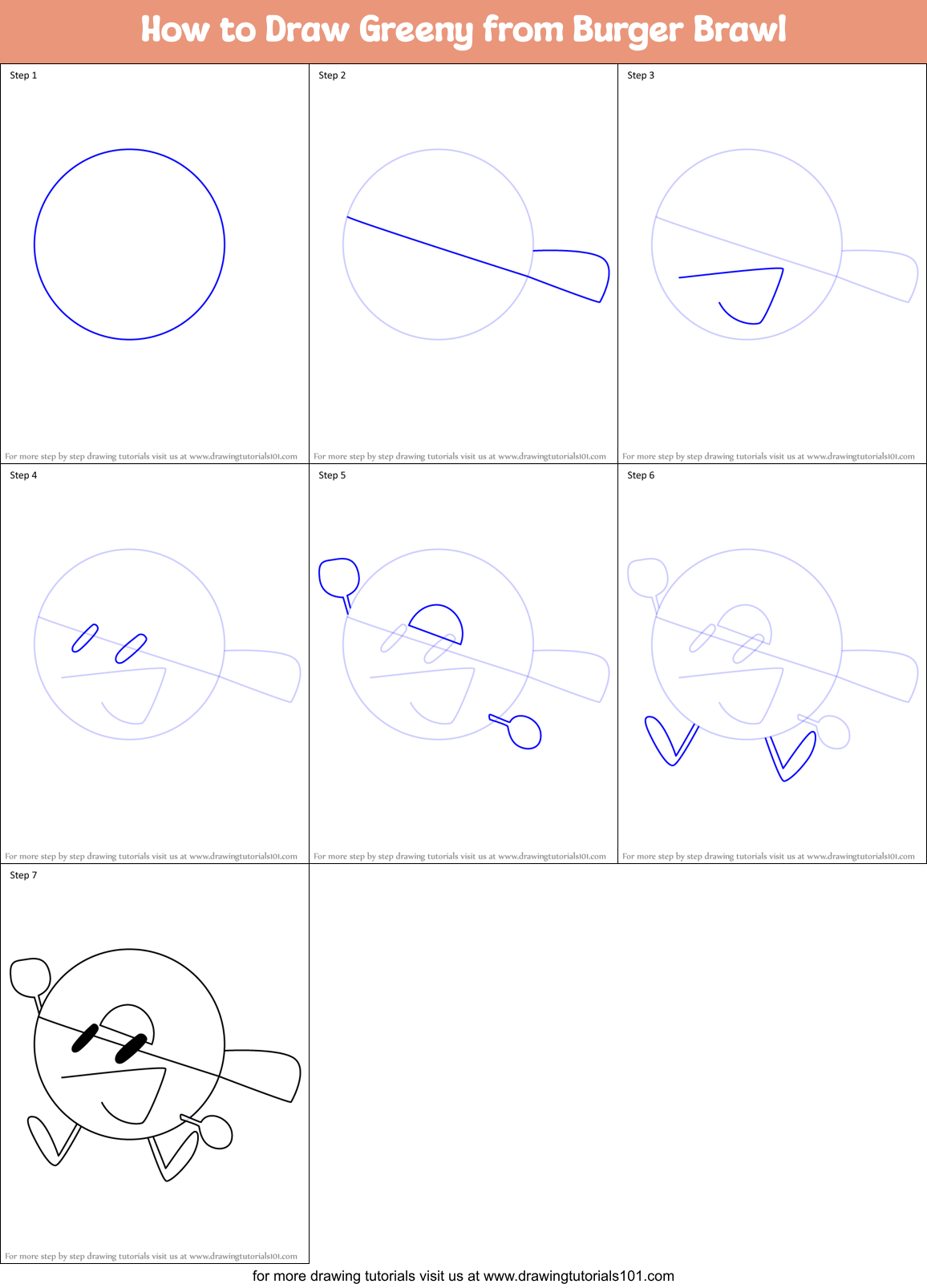 How to Draw Greeny from Burger Brawl Printable Step by Step
