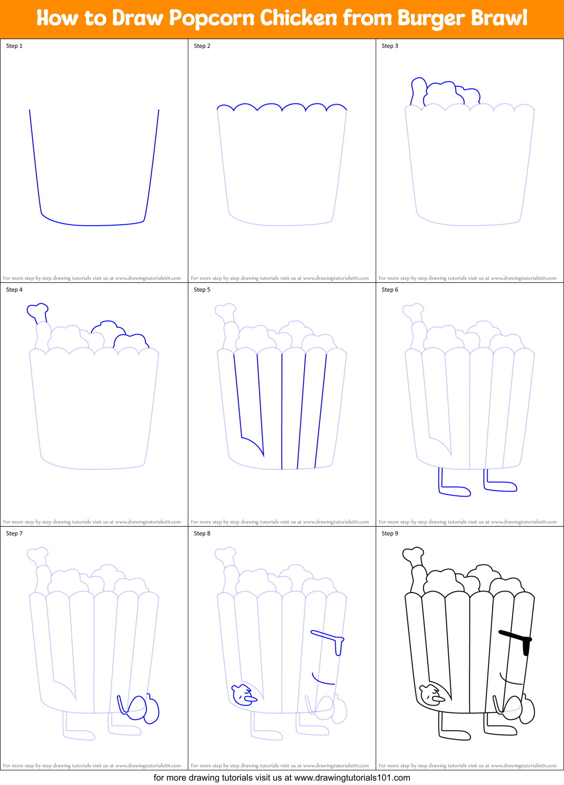 How to Draw Popcorn Chicken from Burger Brawl Printable Step by Step