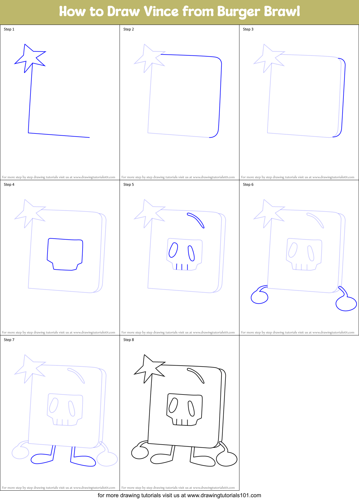 How to Draw Vince from Burger Brawl Printable Step by Step
