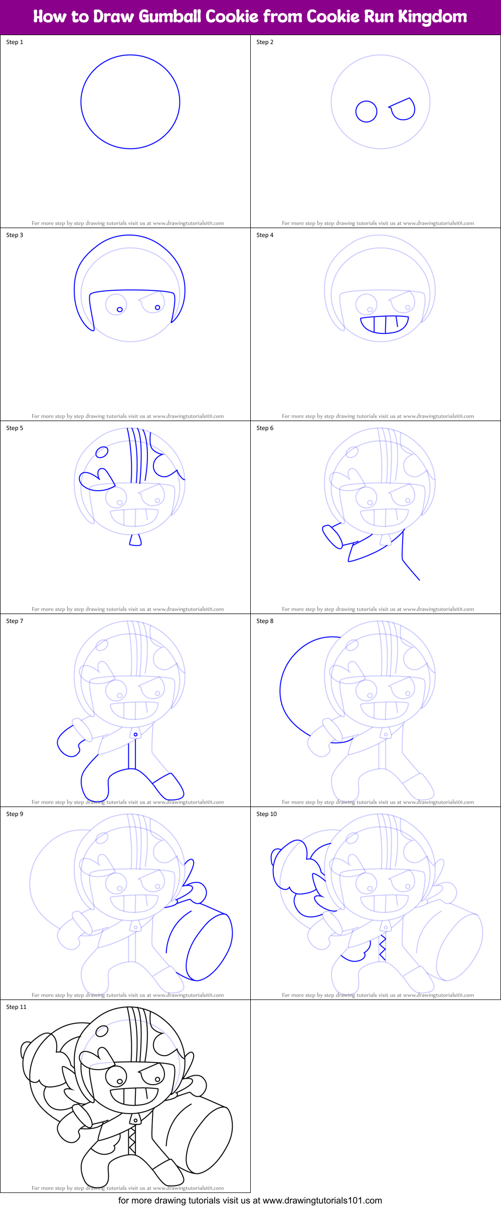 How to Draw Gumball Cookie from Cookie Run Kingdom Printable Step by Step