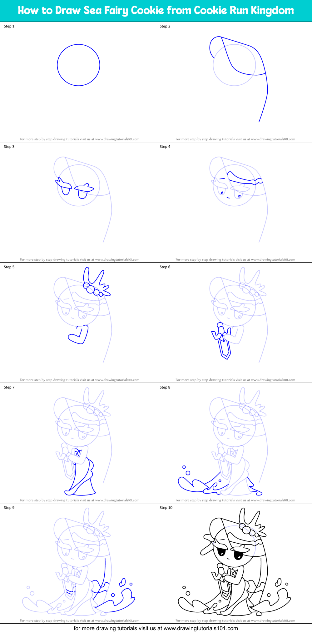 How to Draw Sea Fairy Cookie from Cookie Run Kingdom Printable Step by Step