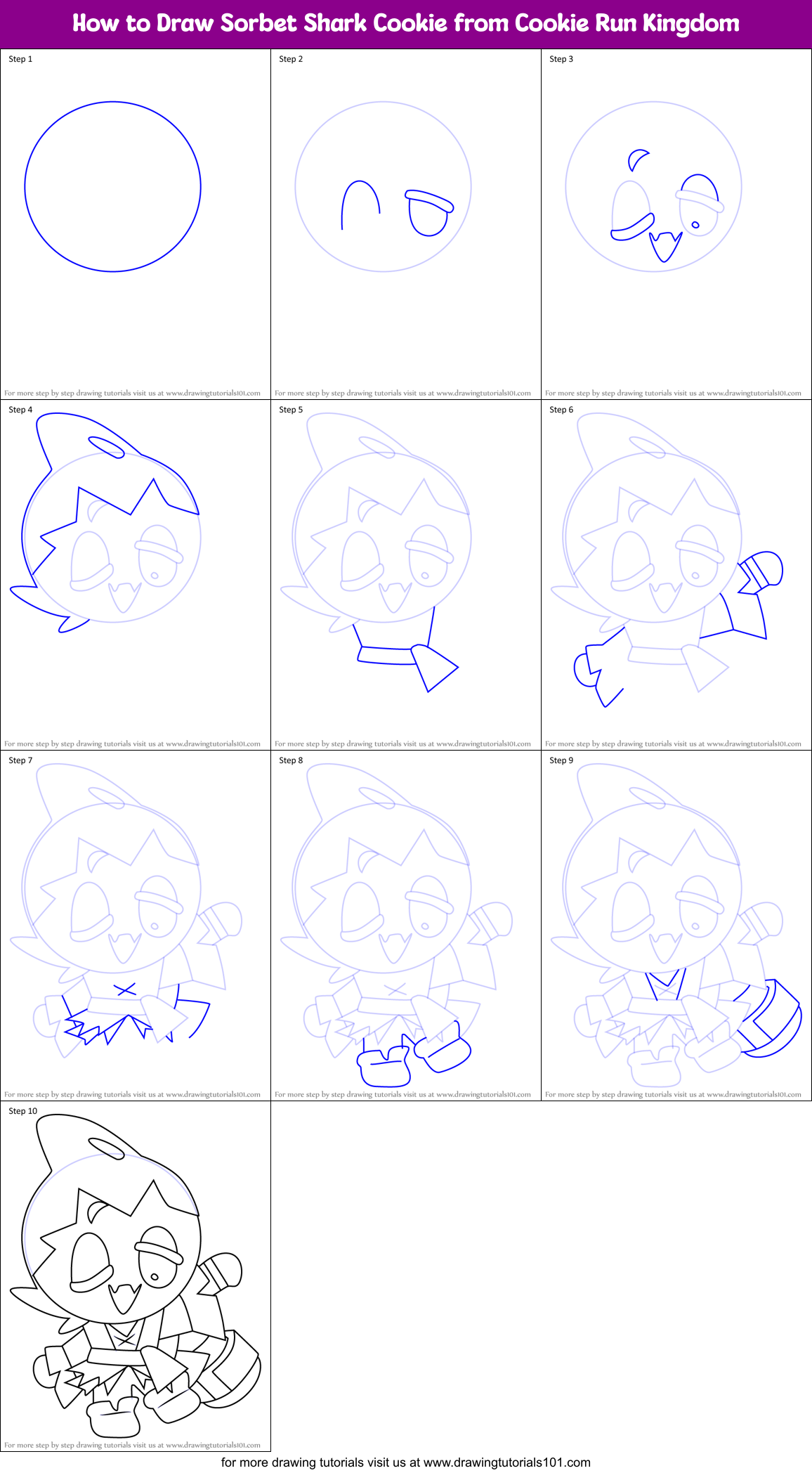How to Draw Sorbet Shark Cookie from Cookie Run Kingdom Printable Step by Step