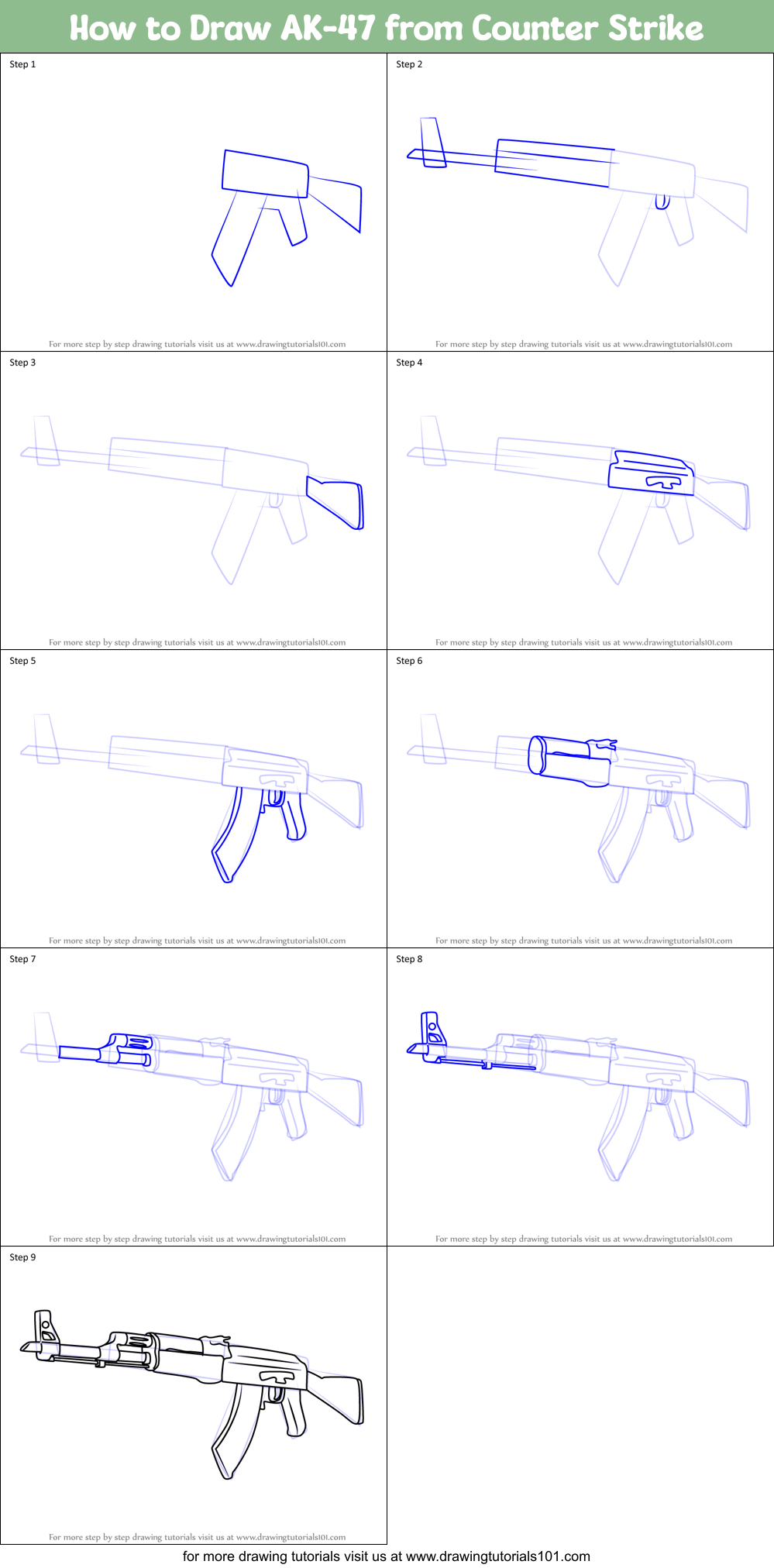 How to Draw AK-47 from Counter Strike Printable Step by Step