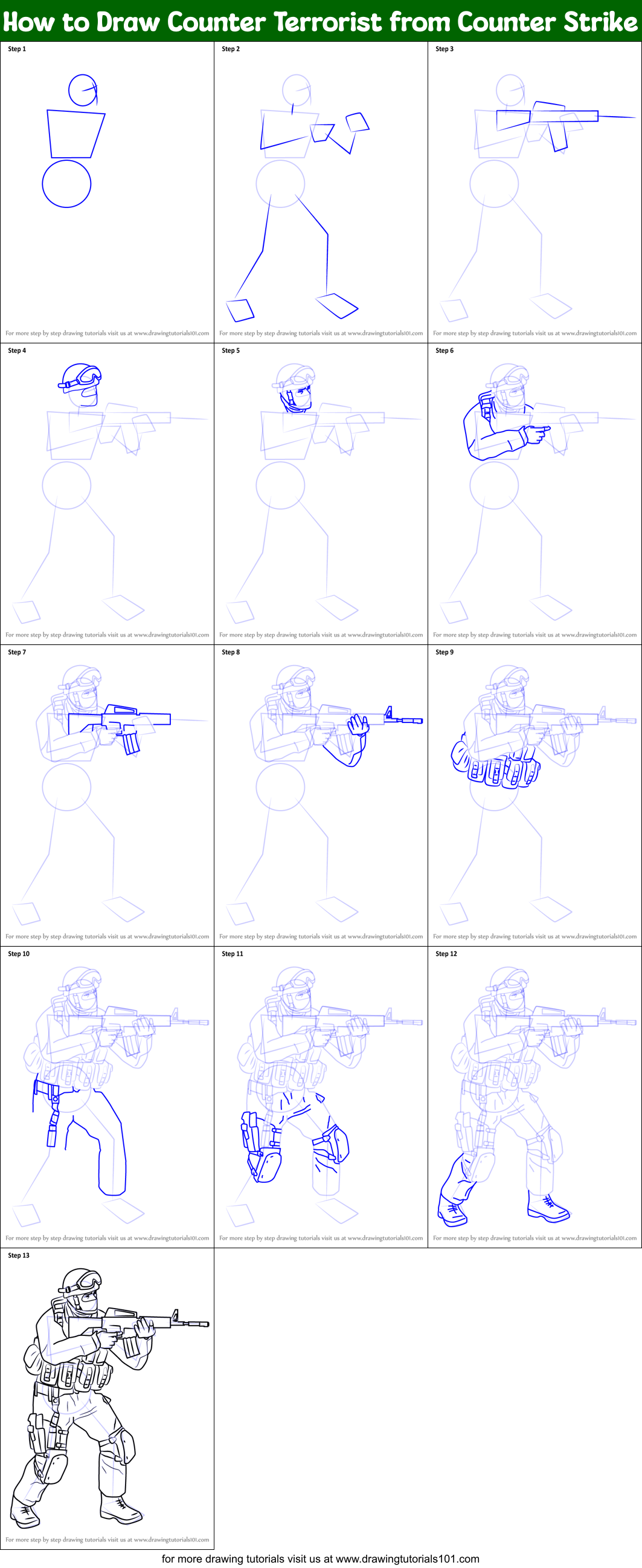 How to Draw Counter Terrorist from Counter Strike Printable Step by Step